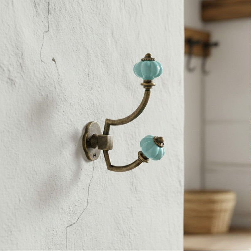 Gancho Parede Duplo de Porcelana Azul Claro - C4045