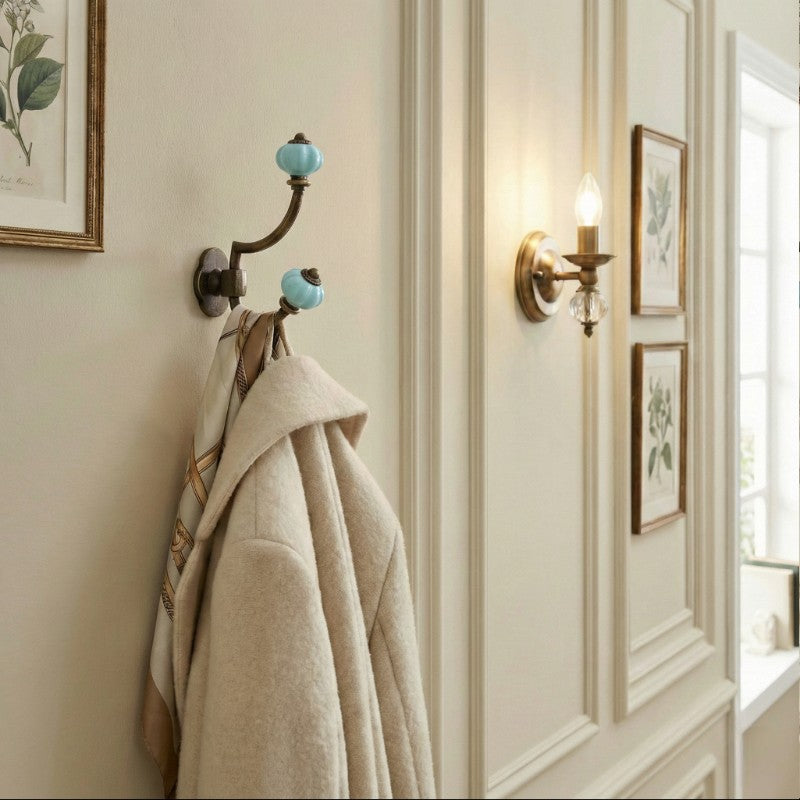 Gancho Parede Duplo de Porcelana Azul Claro - C4045