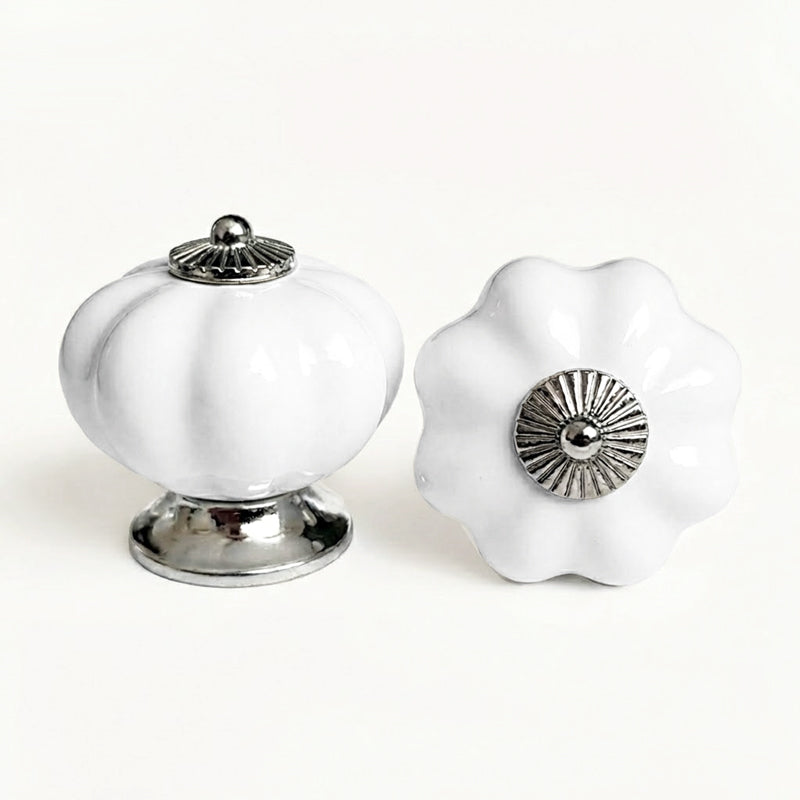 Puxador Porcelana Abóbora Branco e Cromado - C1013