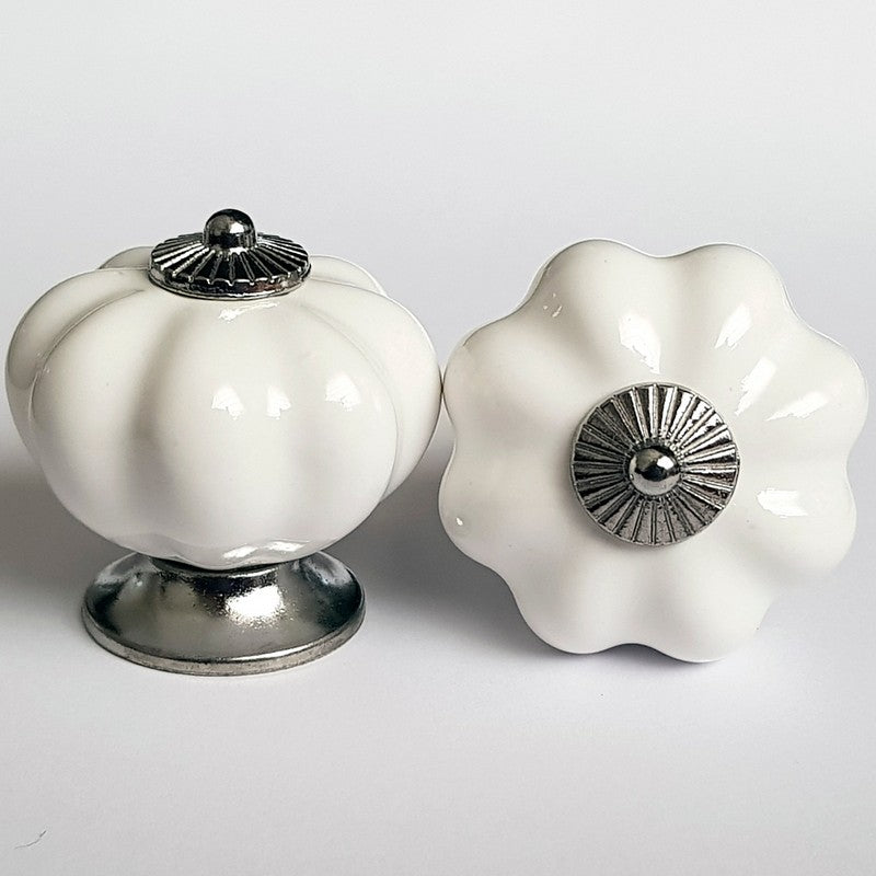 Puxador Porcelana Abóbora Branco e Cromado - C1013