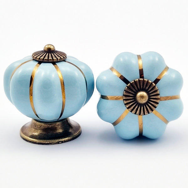 Puxador Porcelana Abóbora Azul Claro e Base Bronze - C1019