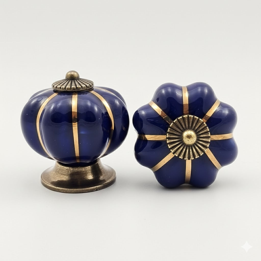 Puxador Porcelana Abóbora Azul Marinho e Base Bronze - C1020