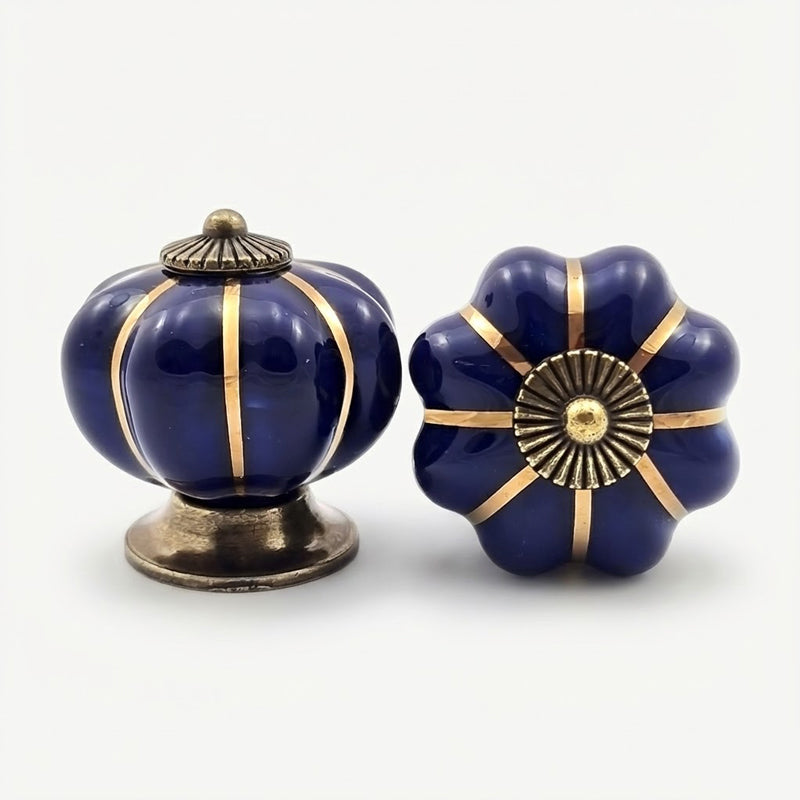 Puxador Porcelana Abóbora Azul Marinho e Base Bronze - C1020