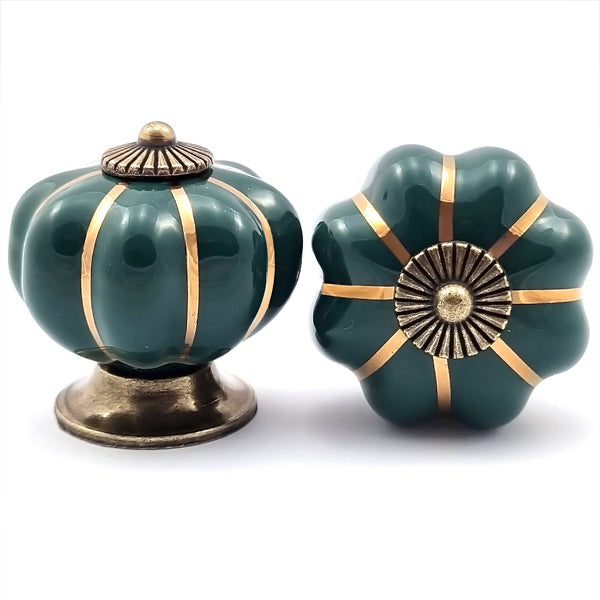 Puxador Porcelana Abóbora Verde Escuro e Base Bronze - C1021