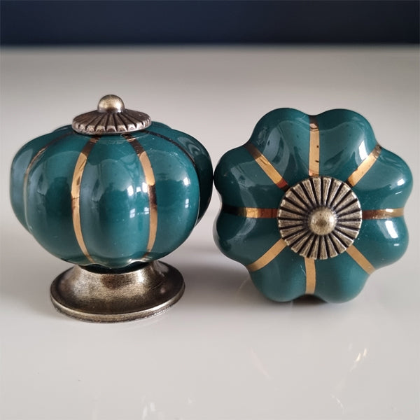 Puxador Porcelana Abóbora Verde Escuro e Base Bronze - C1021