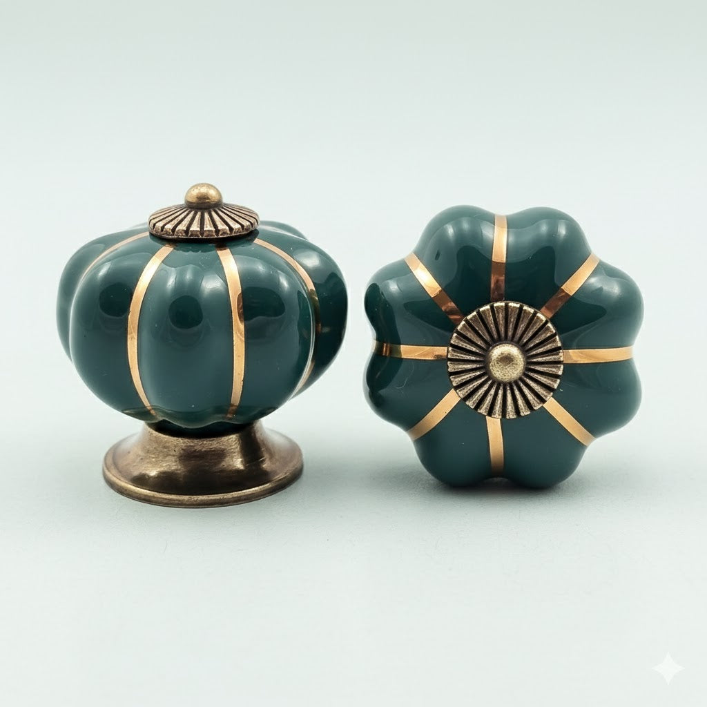 Puxador Porcelana Abóbora Verde Escuro e Base Bronze - C1021