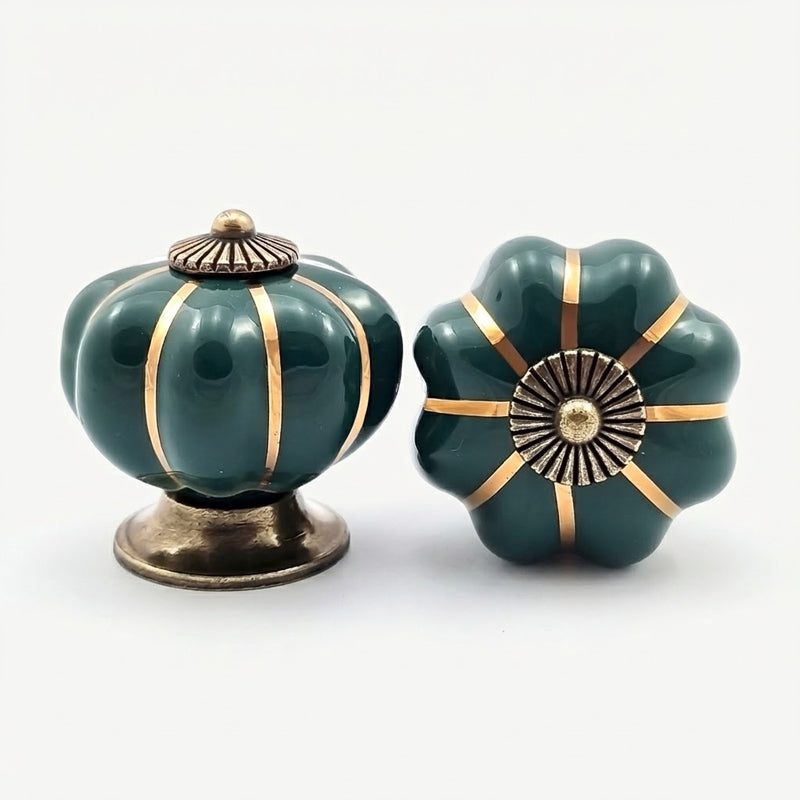 Puxador Porcelana Abóbora Verde Escuro e Base Bronze - C1021