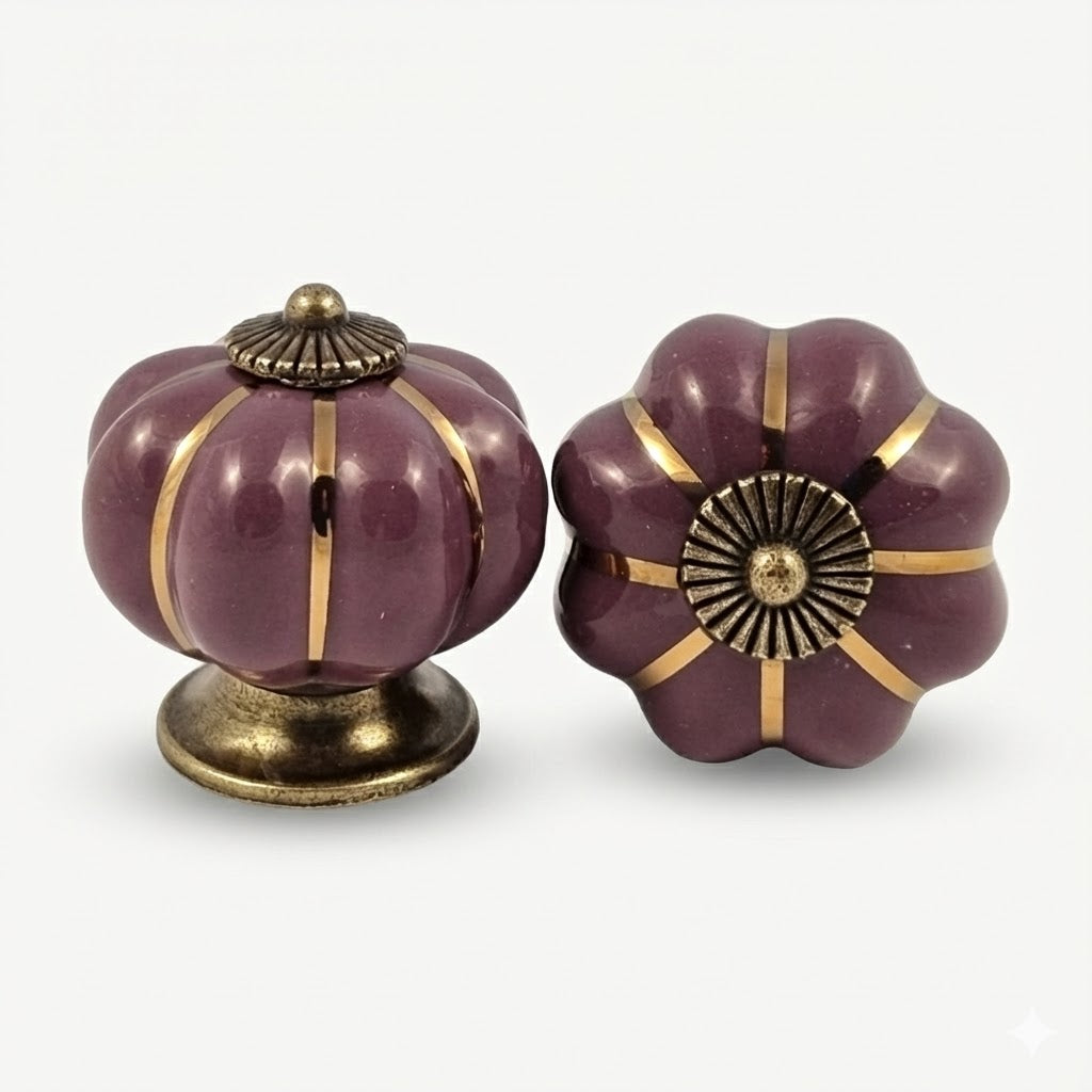 Puxador Porcelana Abóbora Vinho e Base Bronze - C1037