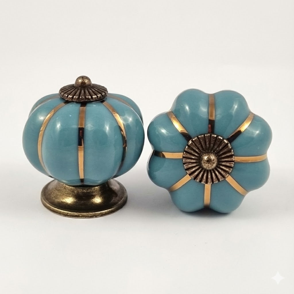 Puxador Porcelana Abóbora Turquesa e Base Bronze - C1040