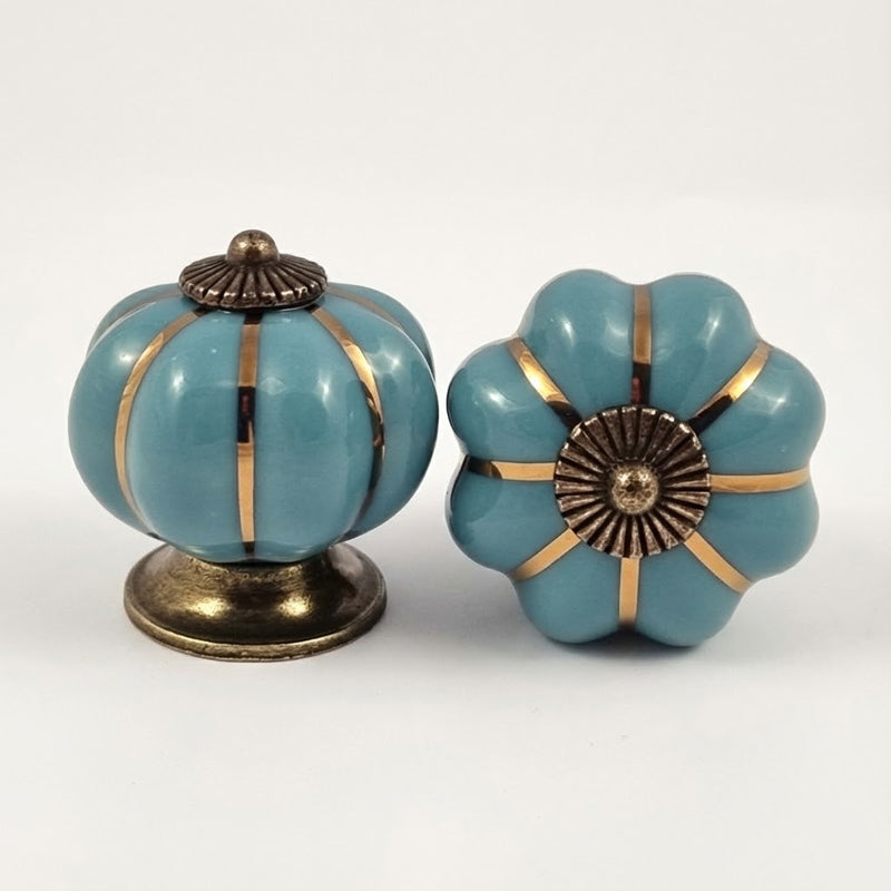 Puxador Porcelana Abóbora Turquesa e Base Bronze - C1040