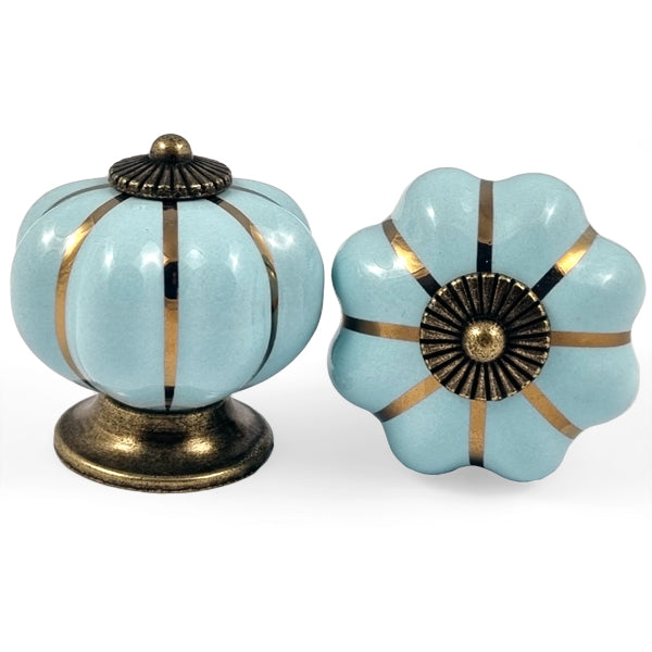 Puxador Porcelana Abóbora Azul Tiffany e Base Bronze - C1042