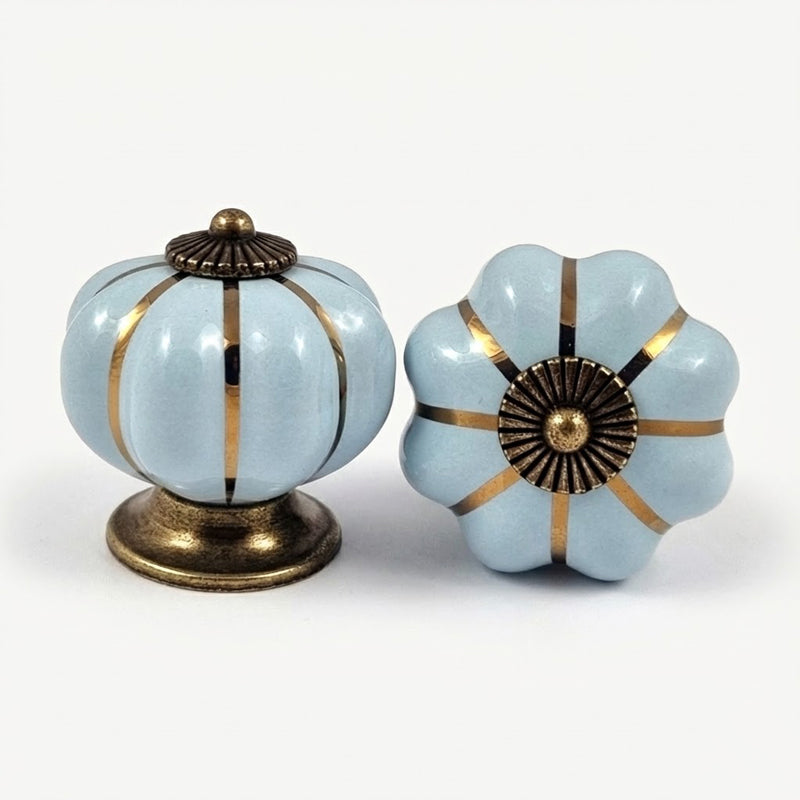 Puxador Porcelana Abóbora Azul Tiffany e Base Bronze - C1042