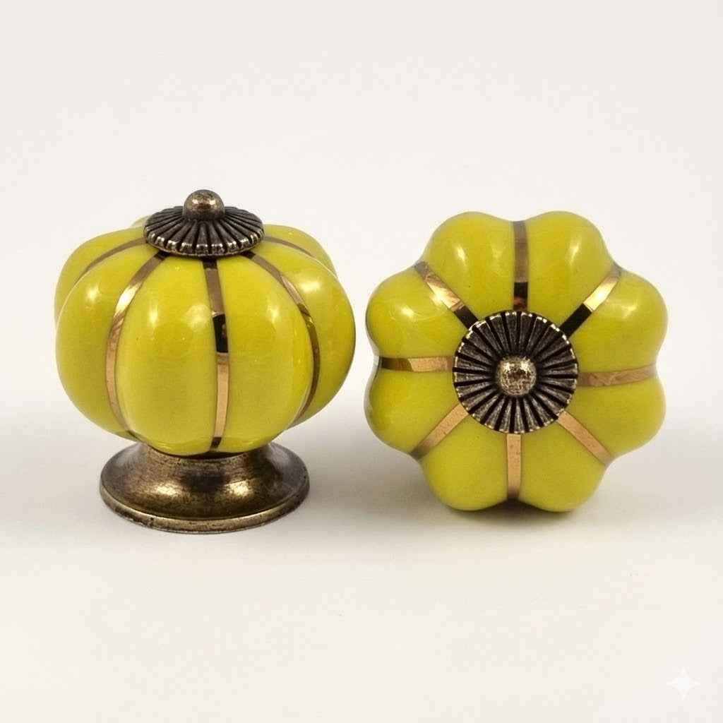 Puxador Porcelana Abóbora Verde Cítrico e Base Bronze - C1043