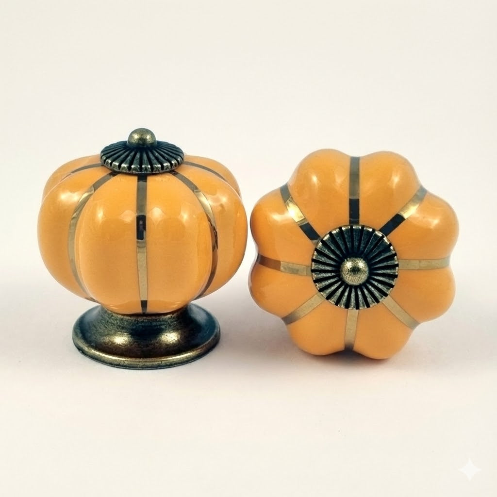 Puxador Porcelana Abóbora Laranja Claro e Base Bronze - C1045