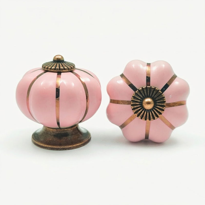 Puxador Porcelana Abóbora Rosa Claro e Base Bronze - C1048