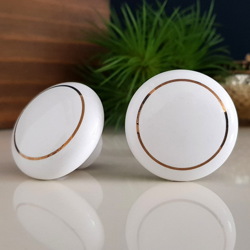 Puxador Porcelana Redondo Branco Linha Dourada 38mm - C1120