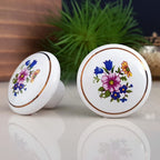 Puxador Porcelana Redondo Branco Floral1 Linha Dourada 38mm - C1121