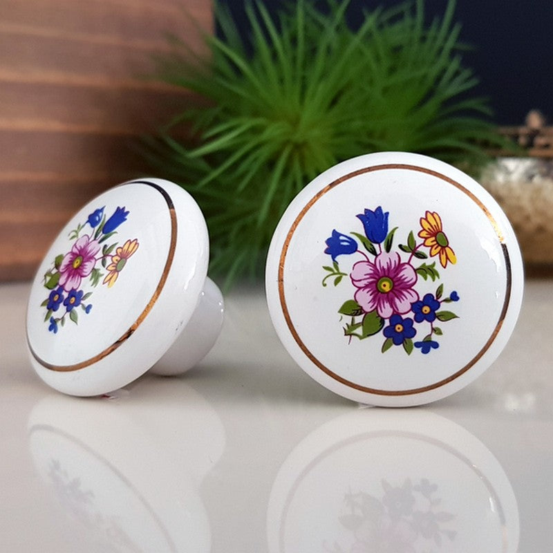 Puxador Porcelana Redondo Branco Floral1 Linha Dourada 38mm - C1121
