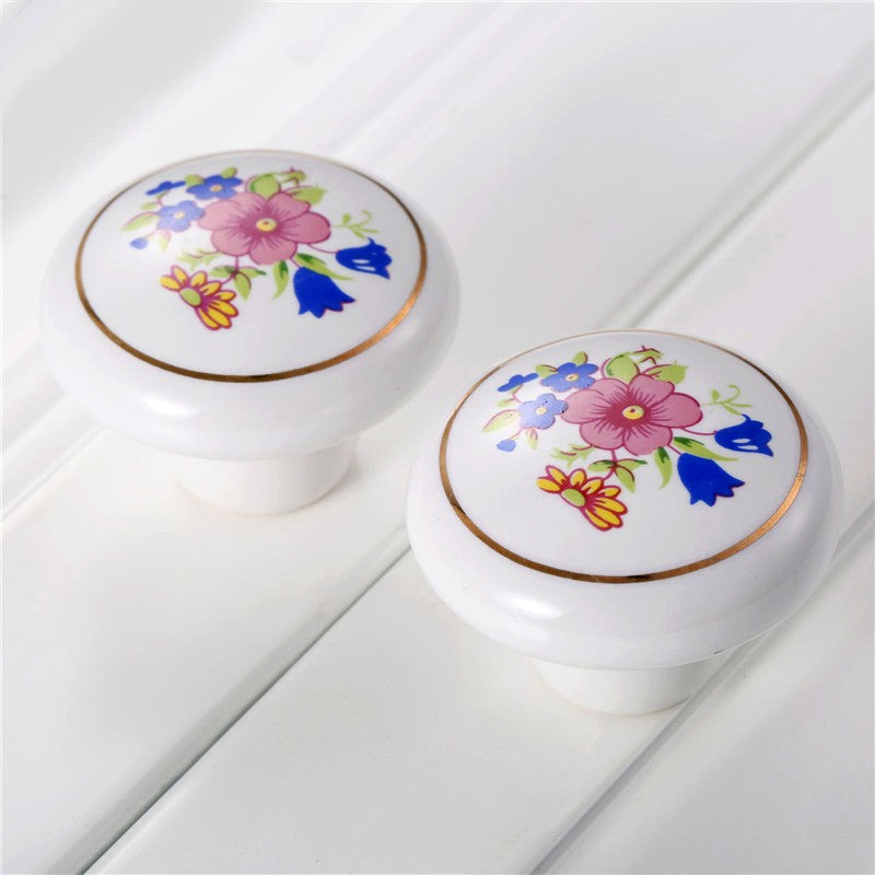 Puxador Porcelana Redondo Branco Floral1 Linha Dourada 38mm - C1121