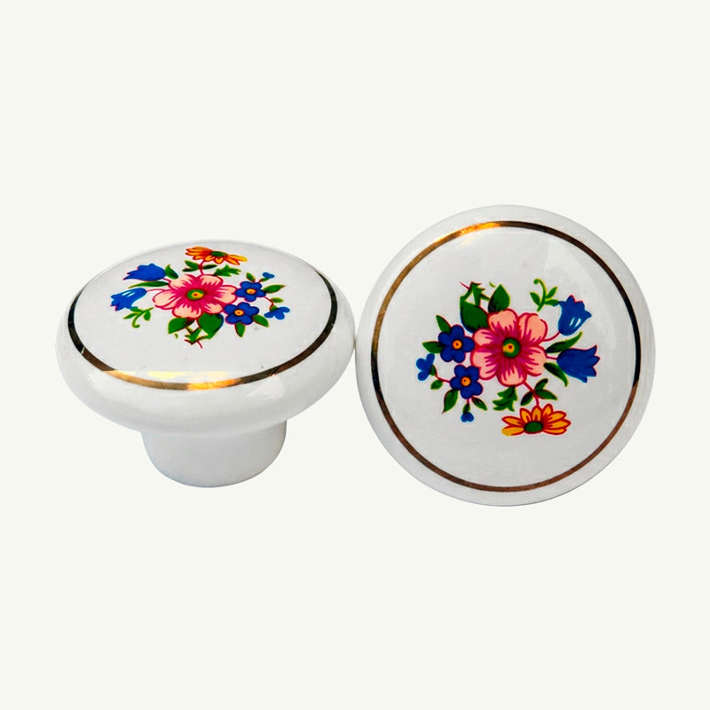 Puxador Porcelana Redondo Branco Floral1 Linha Dourada 38mm - C1121