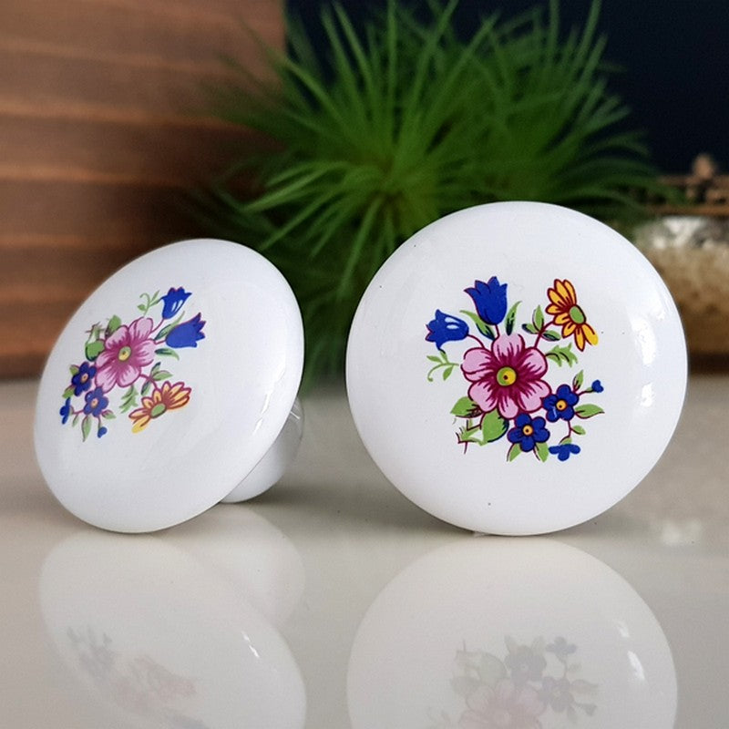 Puxador Porcelana Redondo Branco Floral1 38mm - C1122