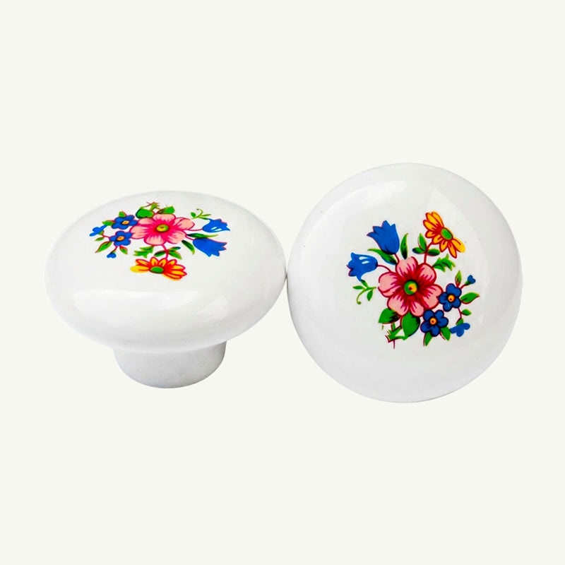 Puxador Porcelana Redondo Branco Floral1 38mm - C1122