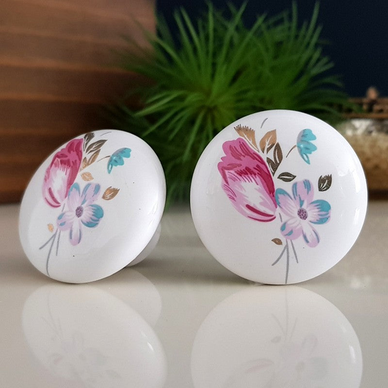 Puxador Porcelana Redondo Branco Floral2 38mm - C1123