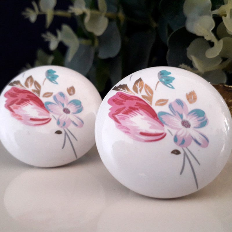 Puxador Porcelana Redondo Branco Floral2 38mm - C1123