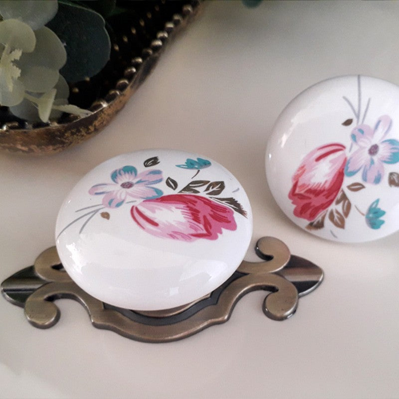 Puxador Porcelana Redondo Branco Floral2 38mm - C1123