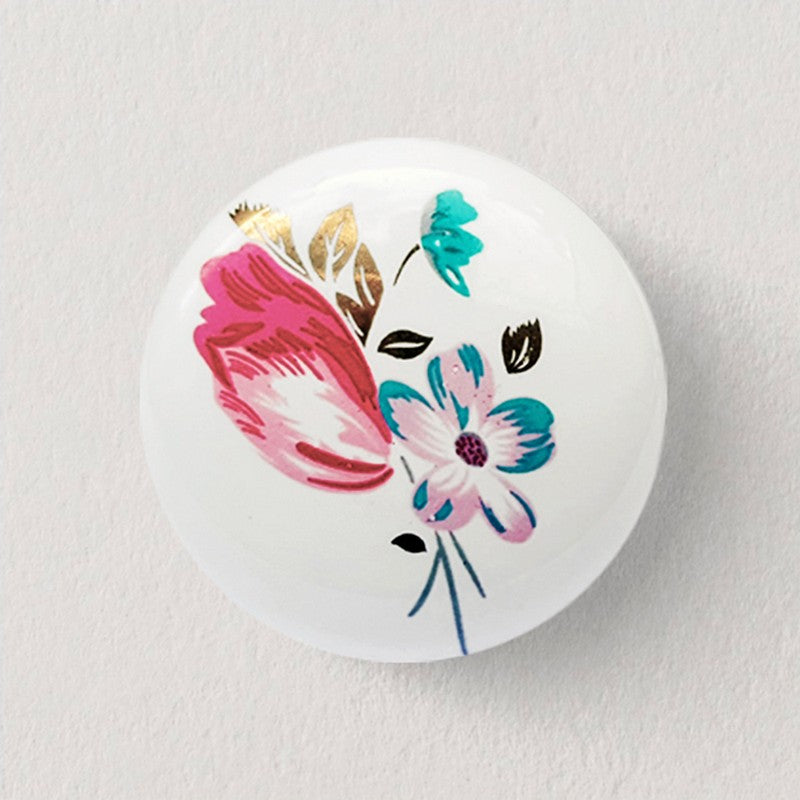 Puxador Porcelana Redondo Branco Floral2 38mm - C1123