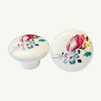 Puxador Porcelana Redondo Branco Floral2 38mm - C1123