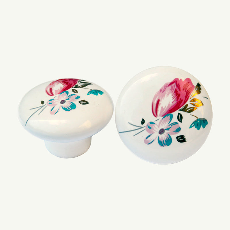 Puxador Porcelana Redondo Branco Floral2 38mm - C1123
