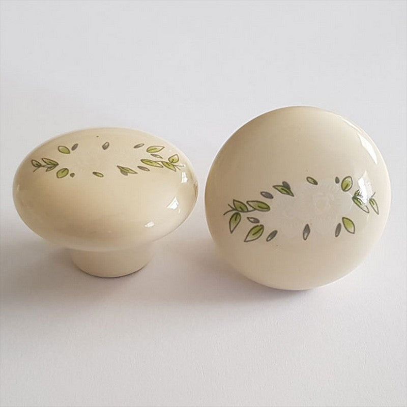 Puxador Porcelana Redondo Marfim+Flor 38mm - C1139