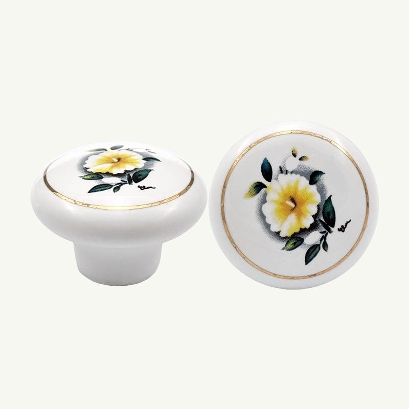 Puxador Porcelana Redondo 38mm Flor e Linha Dourada - C1152