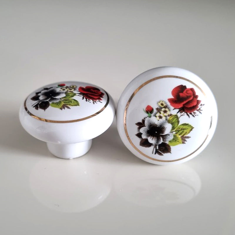 Puxador Porcelana Redondo 38mm Flor e Linha Dourada - C1153