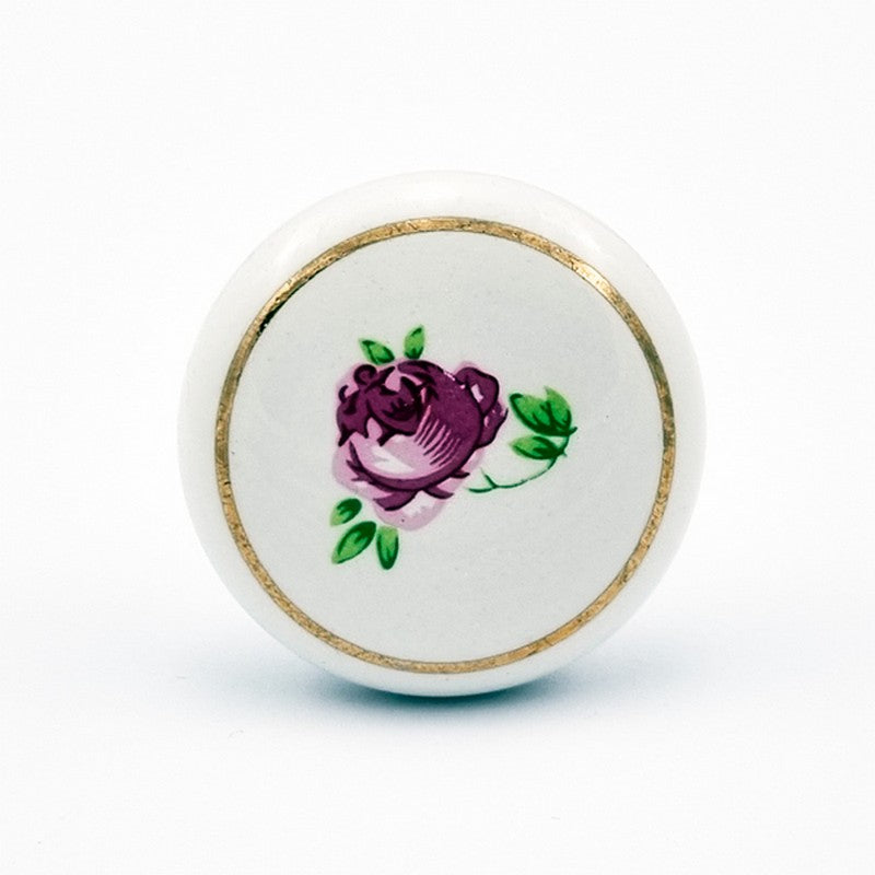 Puxador Porcelana Redondo 38mm Flor e Linha Dourada - C1154