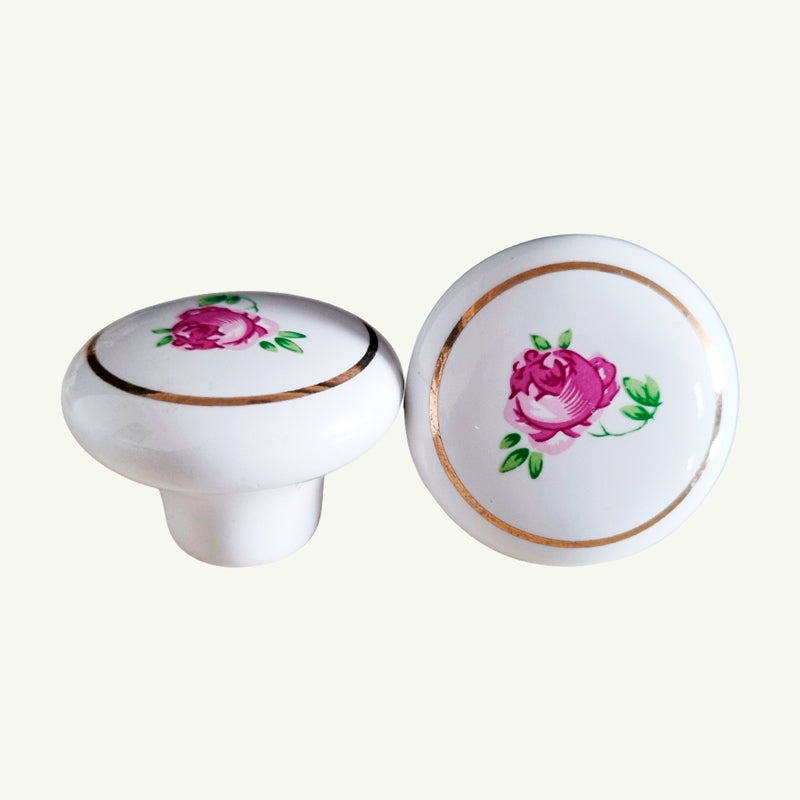 Puxador Porcelana Redondo 38mm Flor e Linha Dourada - C1154
