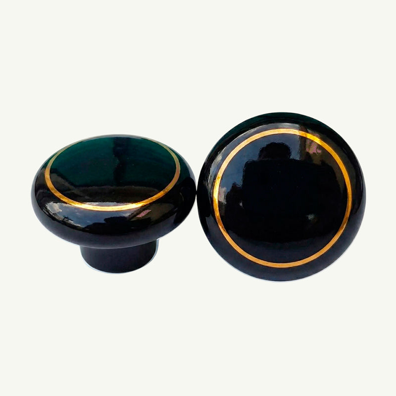 Puxador Porcelana Redondo Preto Linha Dourada 38mm - C1155
