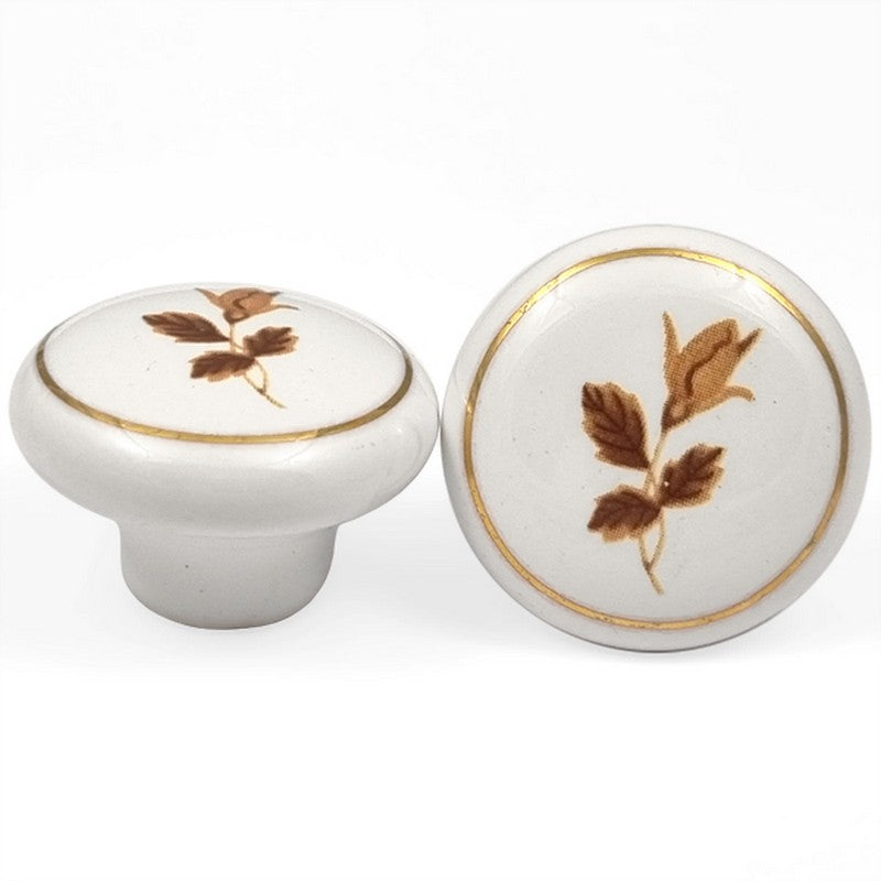 Puxador Porcelana Redondo Linha Dourada e Floral 38mm - C1178