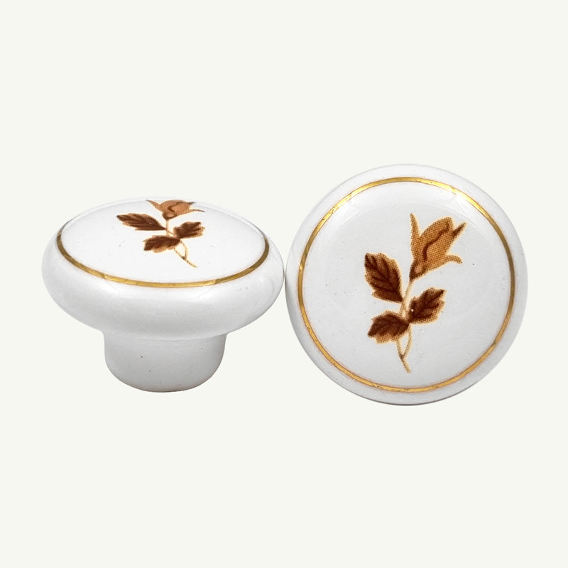 Puxador Porcelana Redondo Linha Dourada e Floral 38mm - C1178