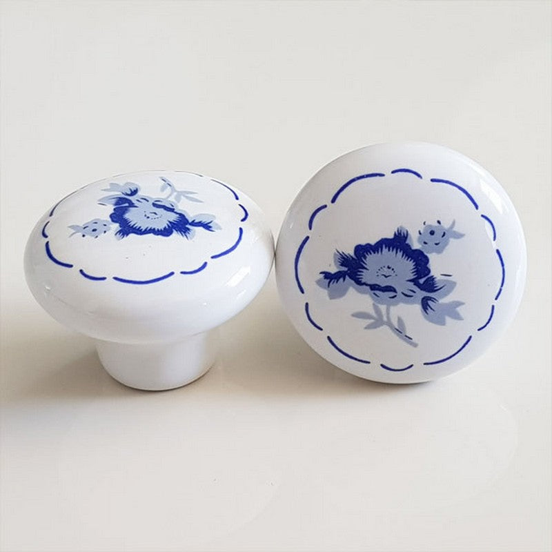 Puxador Porcelana Redondo Branco com Floral Azul 32mm - C1302
