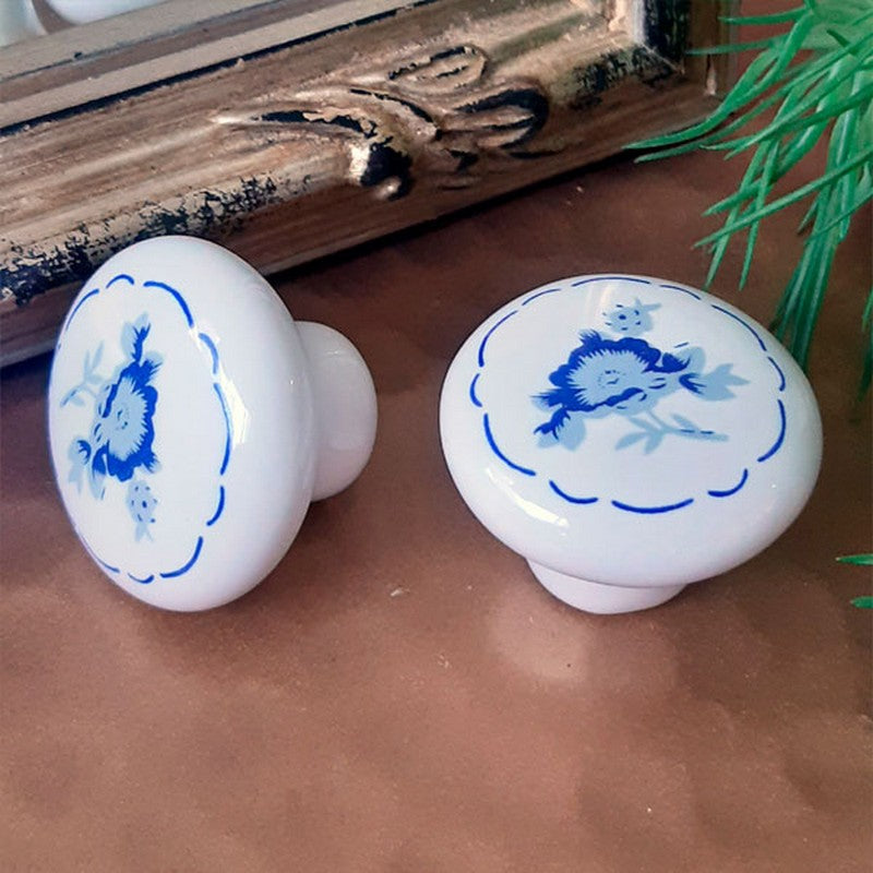 Puxador Porcelana Redondo Branco com Floral Azul 32mm - C1302