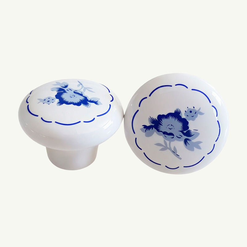 Puxador Porcelana Redondo Branco com Floral Azul 32mm - C1302