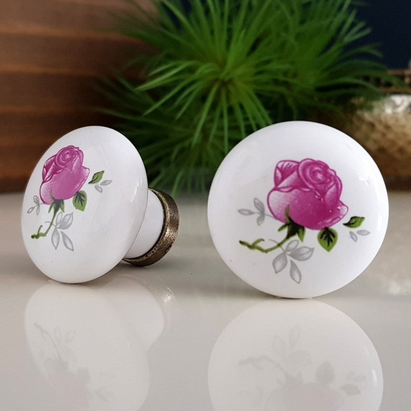 Puxador Porcelana Redondo Branco Floral Anel Metal 32mm - C1303