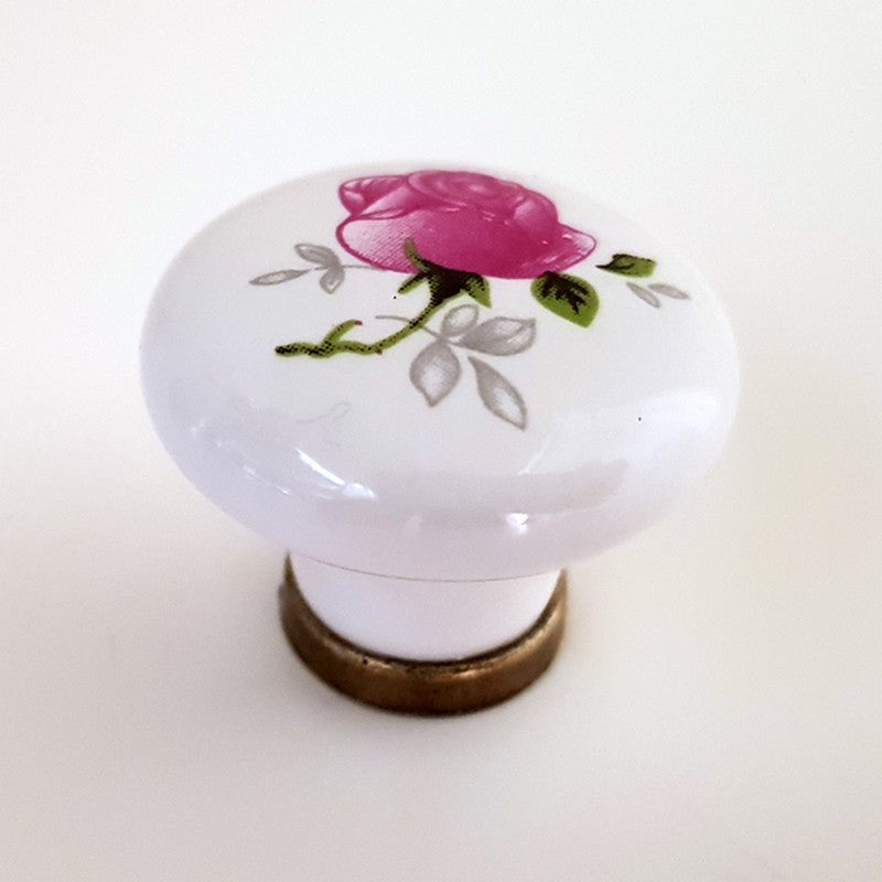 Puxador Porcelana Redondo Branco Floral Anel Metal 32mm - C1303