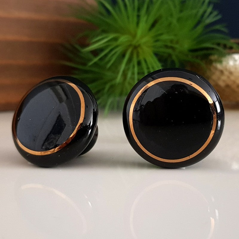 Puxador Porcelana Redondo Preto Linha Dourada 32mm - C1304