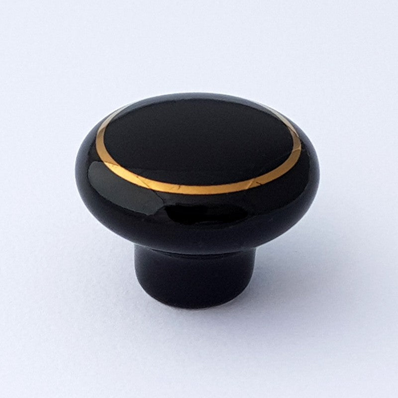 Puxador Porcelana Redondo Preto Linha Dourada 32mm - C1304