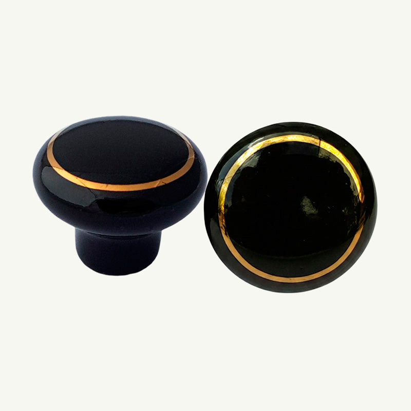 Puxador Porcelana Redondo Preto Linha Dourada 32mm - C1304