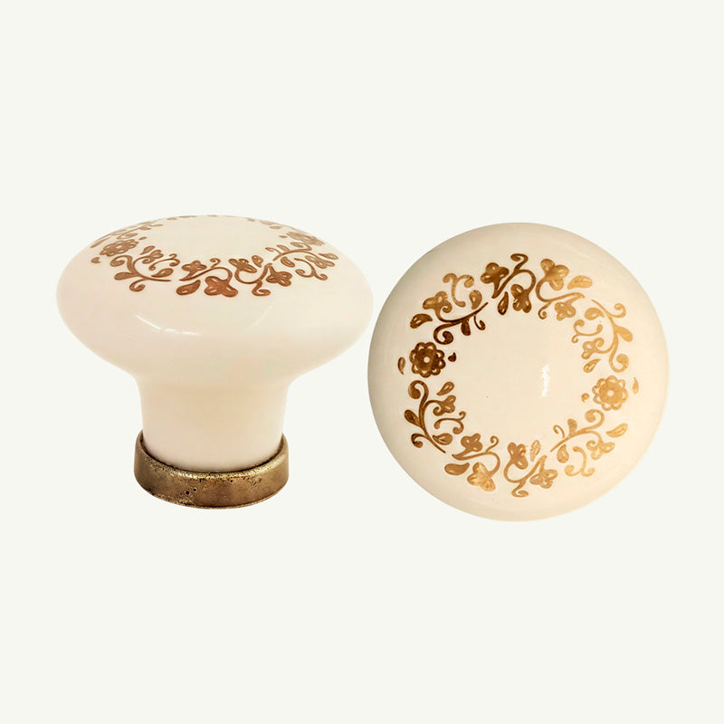Puxador Porcelana Redondo Marfim Floral Anel Metal 32mm - C1305