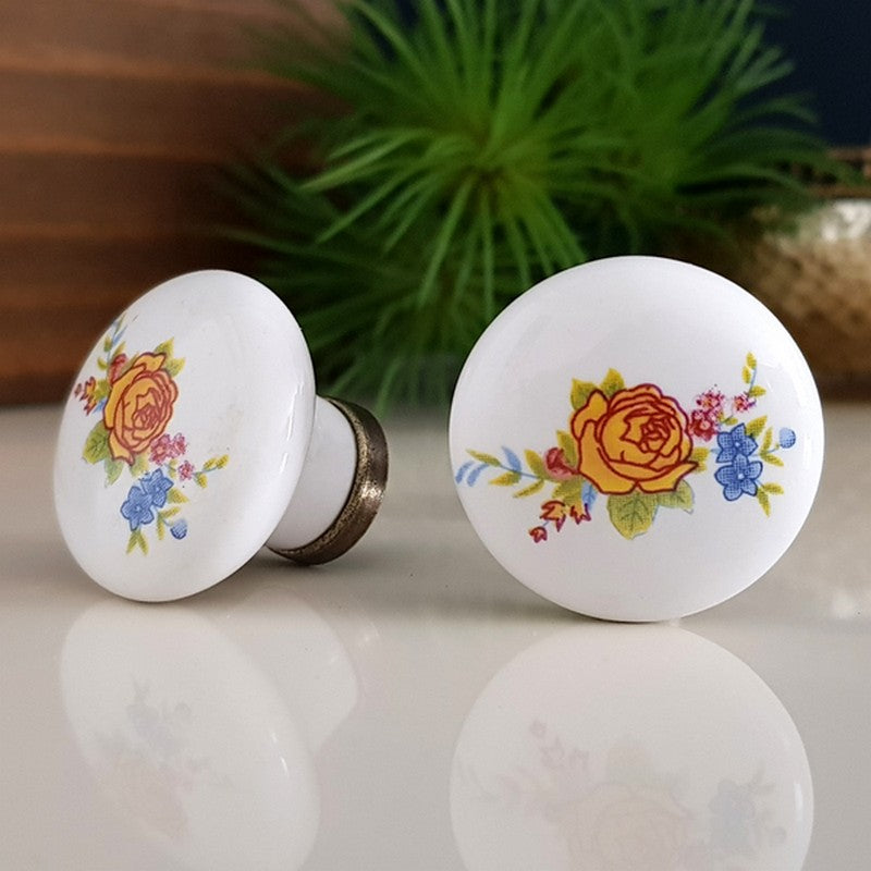 Puxador Porcelana Redondo Branco Floral Anel Metal 32mm - C1306